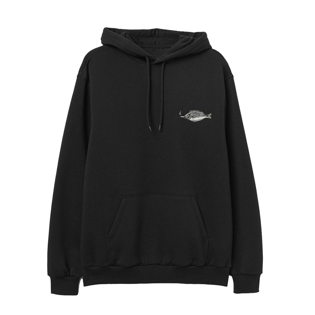 Black hoodie with a small white fish logo on the chest against a white background
