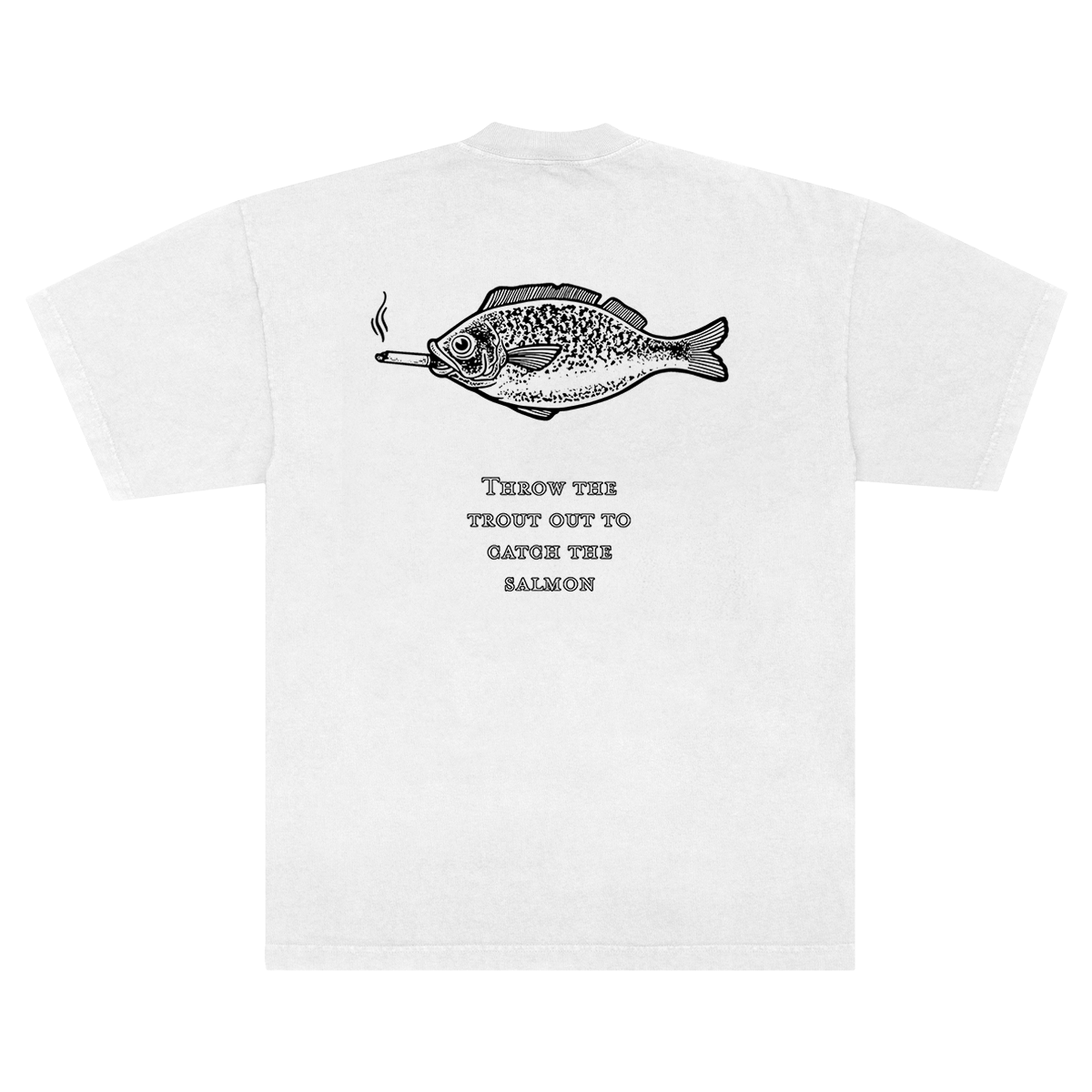 White t-shirt with a fish graphic and text on a white background