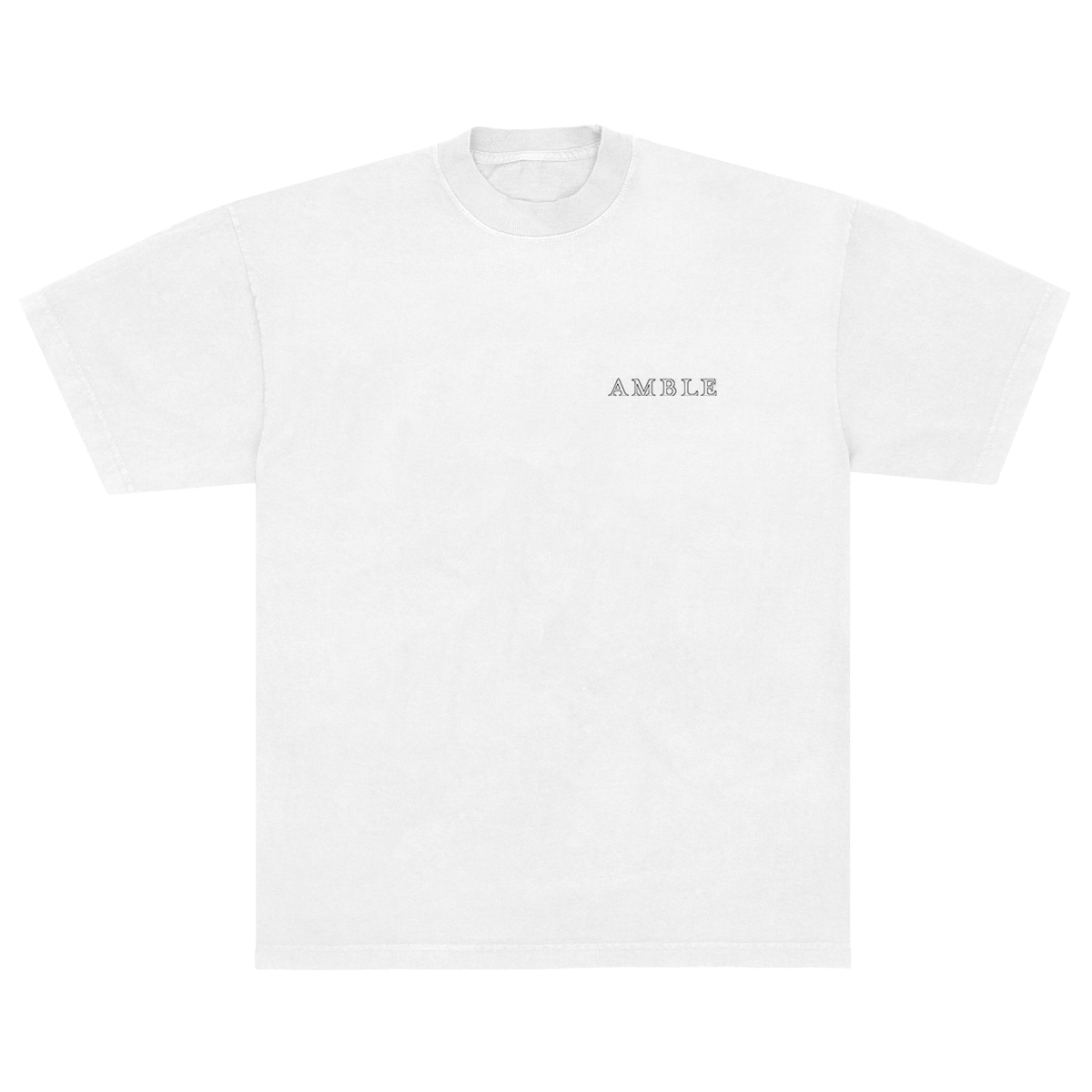 White t-shirt with 'AMBLE' logo on a white background