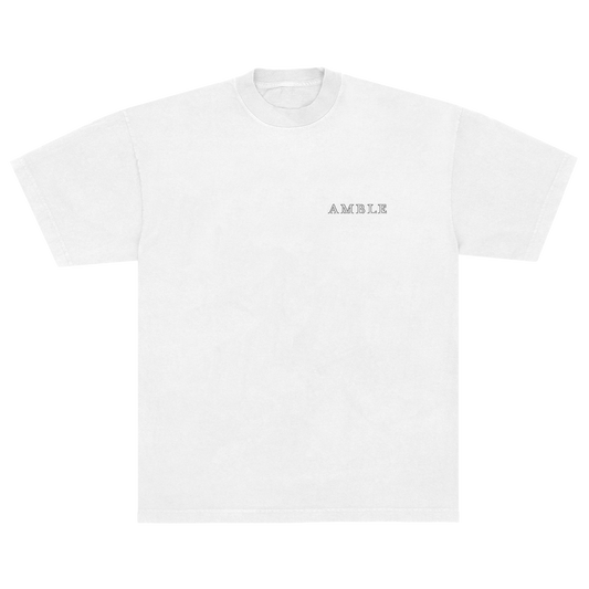 White t-shirt with 'AMBLE' logo on a white background