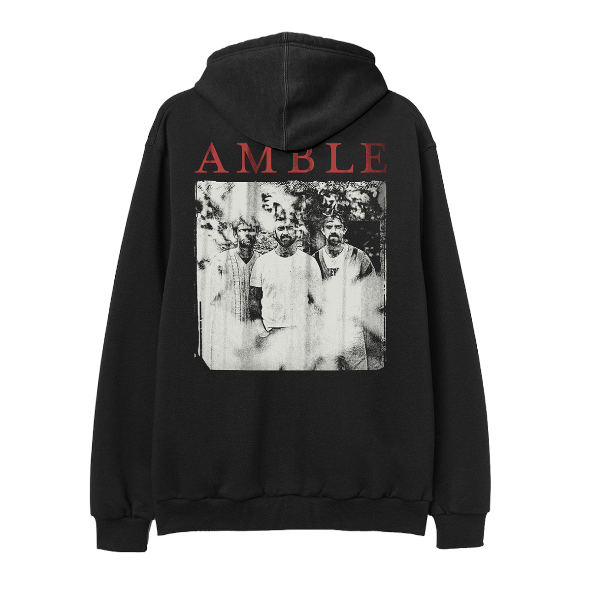 Black hoodie with 'AMBLE' text and vintage-style photo on the back