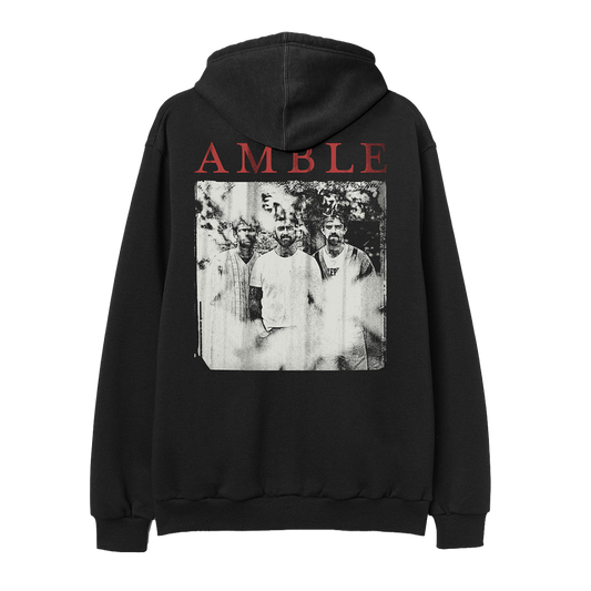 Black hoodie with 'AMBLE' text and vintage-style photo on the back