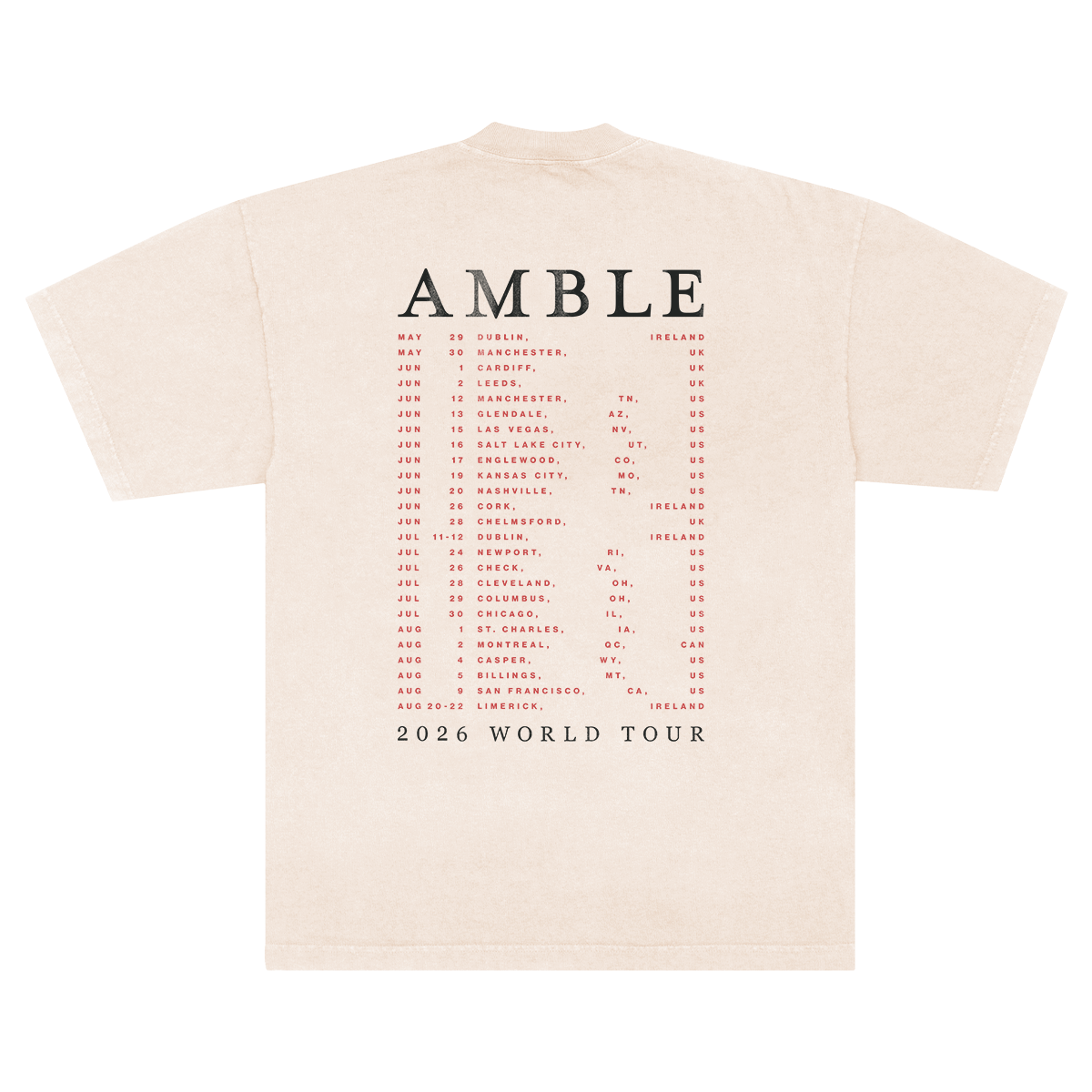 Cream t-shirt with 'AMBLE' and world tour dates printed on the back.