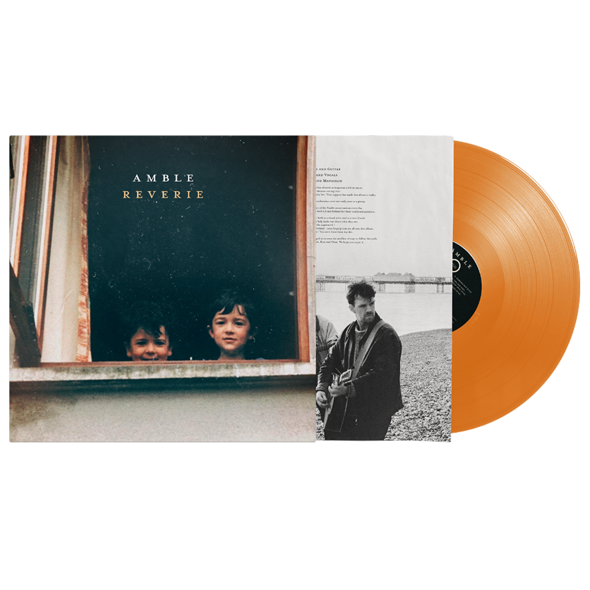 Vinyl record with orange disc and black and white cover featuring a man and two children.