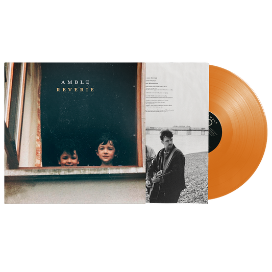 Vinyl record with orange disc and black and white cover featuring a man and two children.